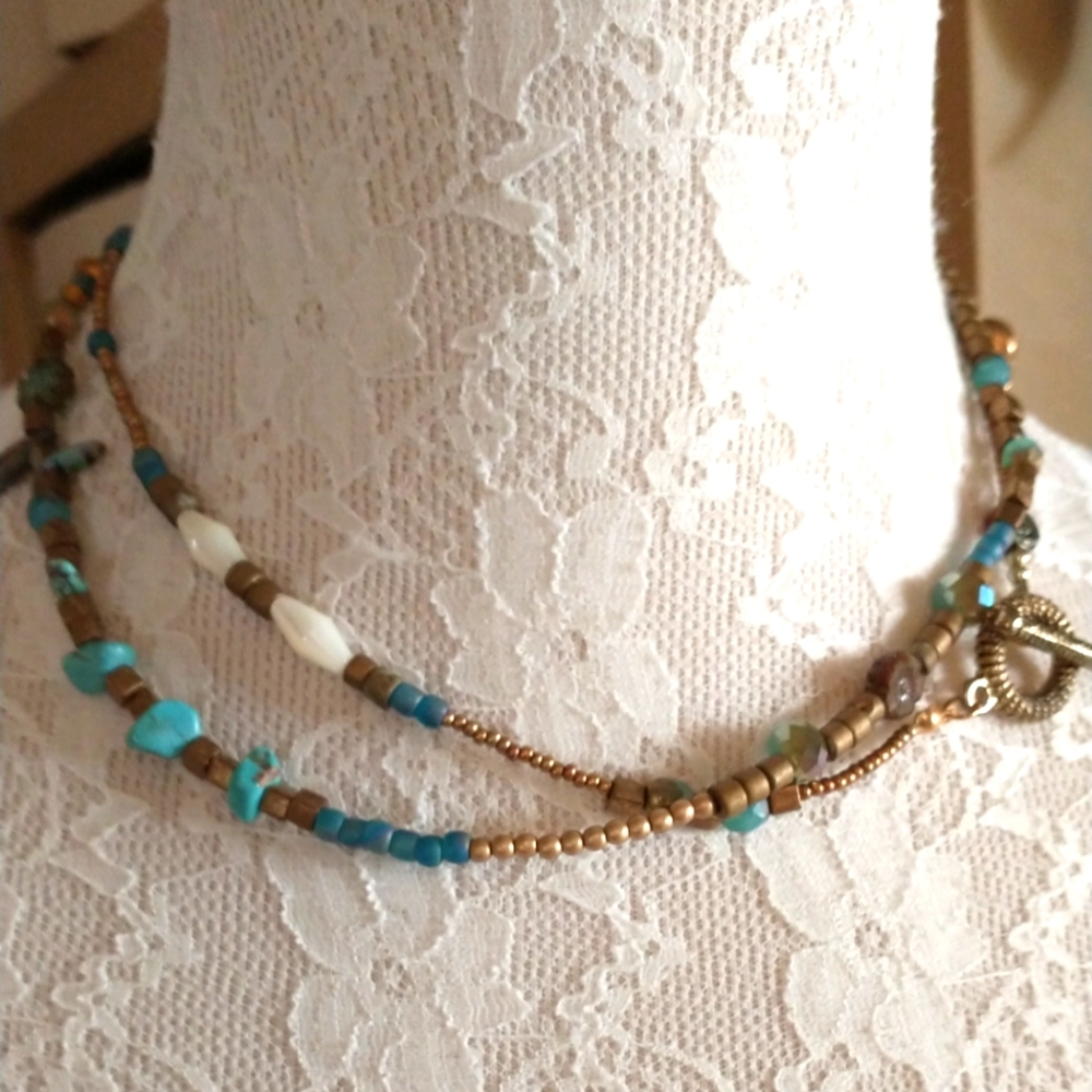 Beaded Necklace with Gold and Blue Accents